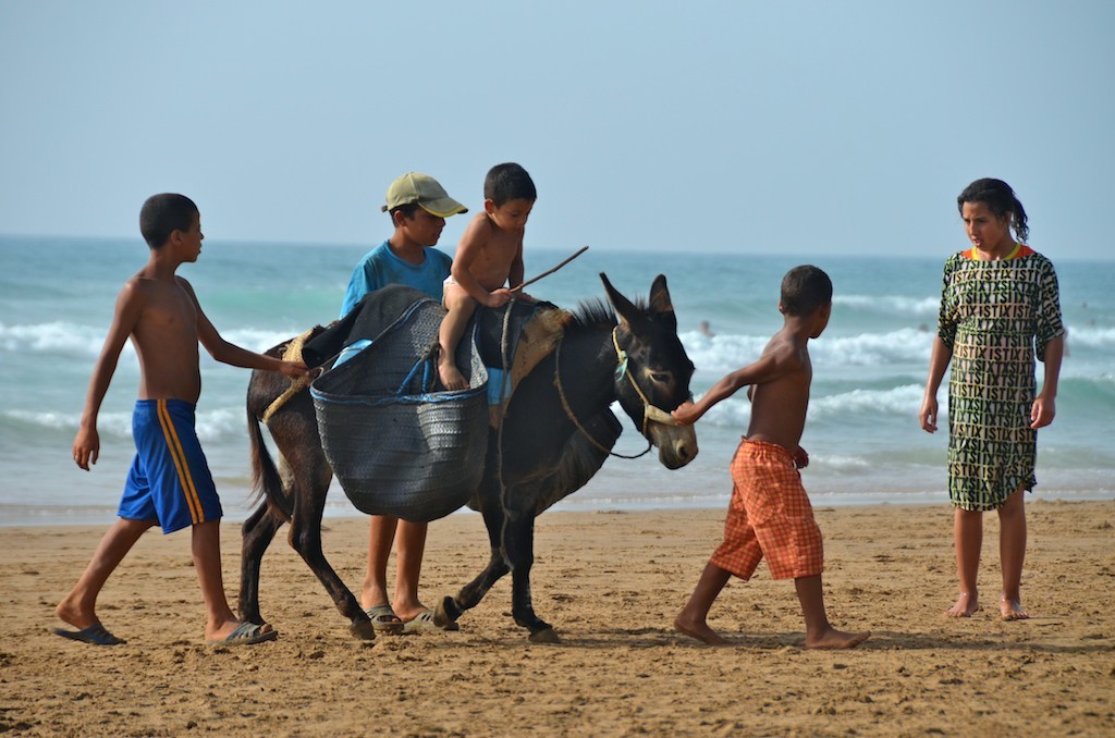 Niños en burro. Playa de Las Cuevas, Marruecos. Copyright Hernando Reyes.